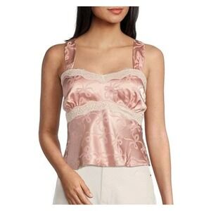 Evolutionary Tank Top Womens Large Pink Satin Jacquard‎ Bow Camisole Cottagecore